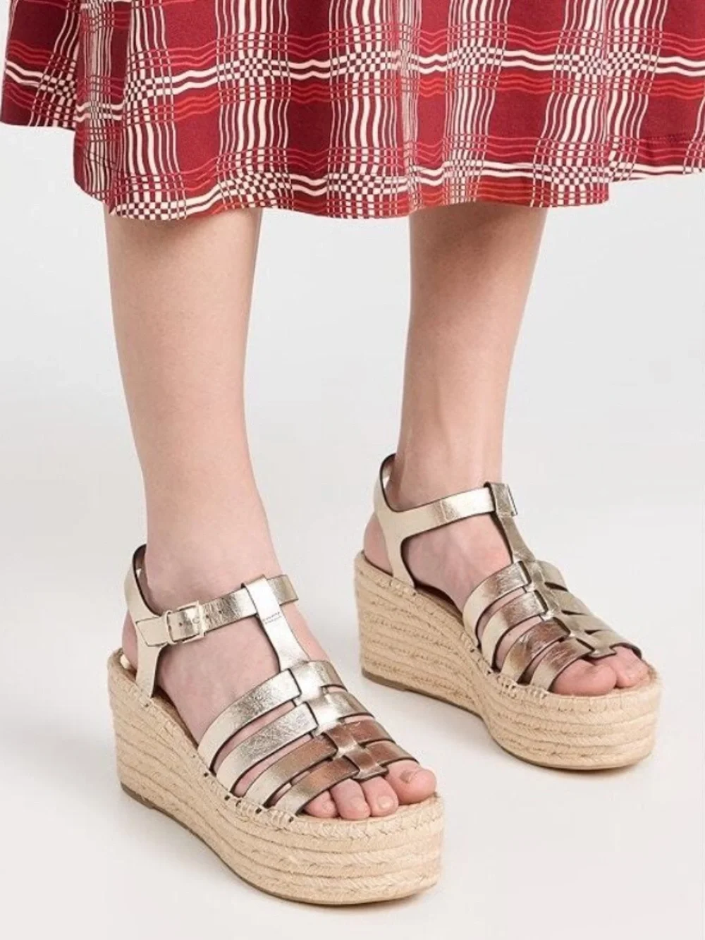 TORY BURCH Gold Metallic Leather platform espadrille wedge Fisherman Sandals